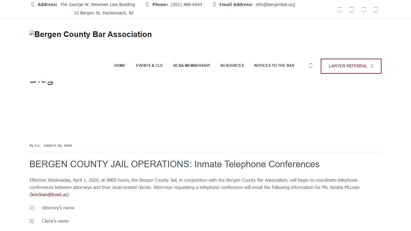 BERGEN COUNTY JAIL OPERATIONS: Inmate Telephone Conferences - Bergen County Bar Association