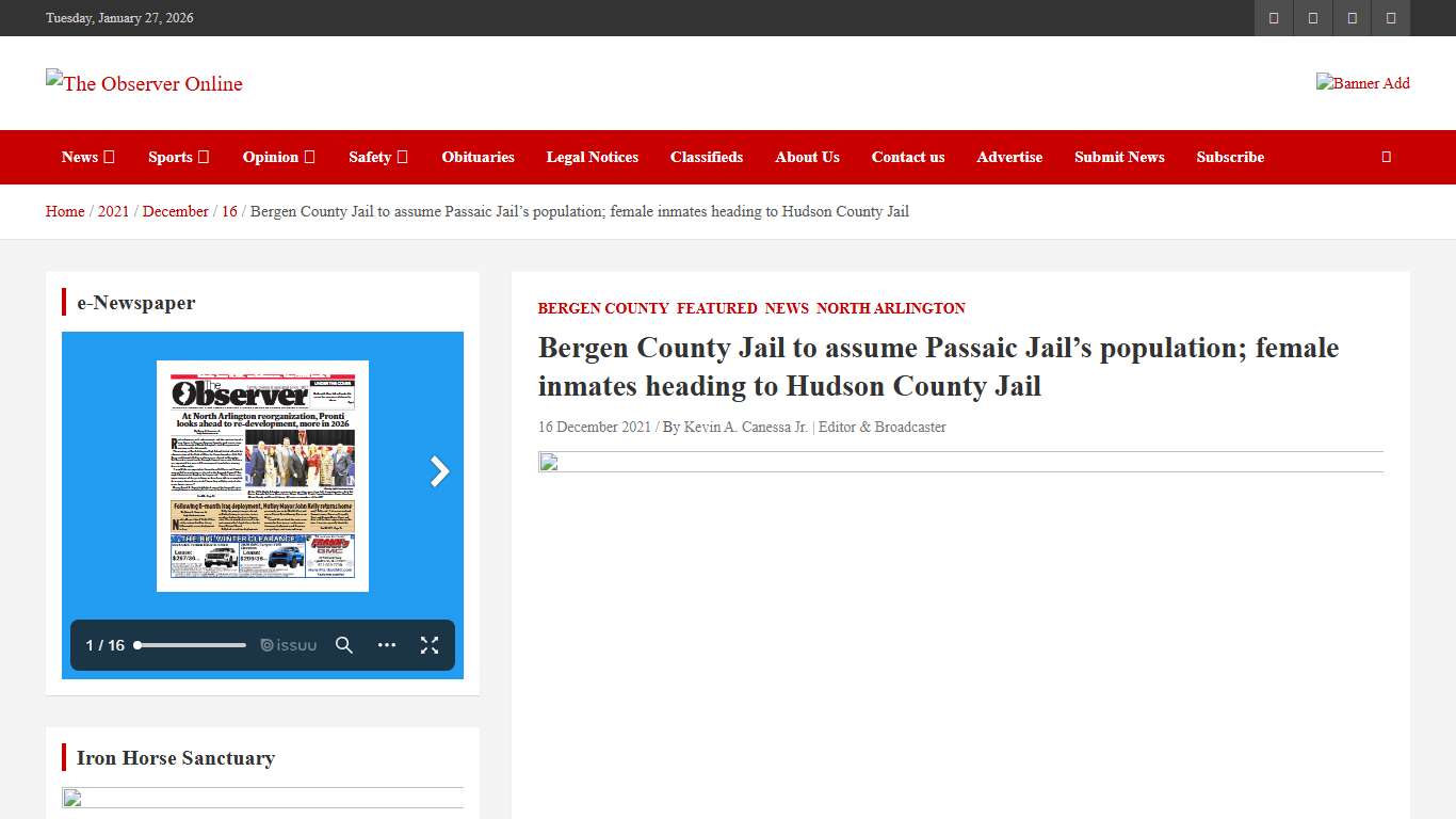 Bergen County Jail to assume Passaic Jail's population; female inmates heading to Hudson County Jail - The Observer Online